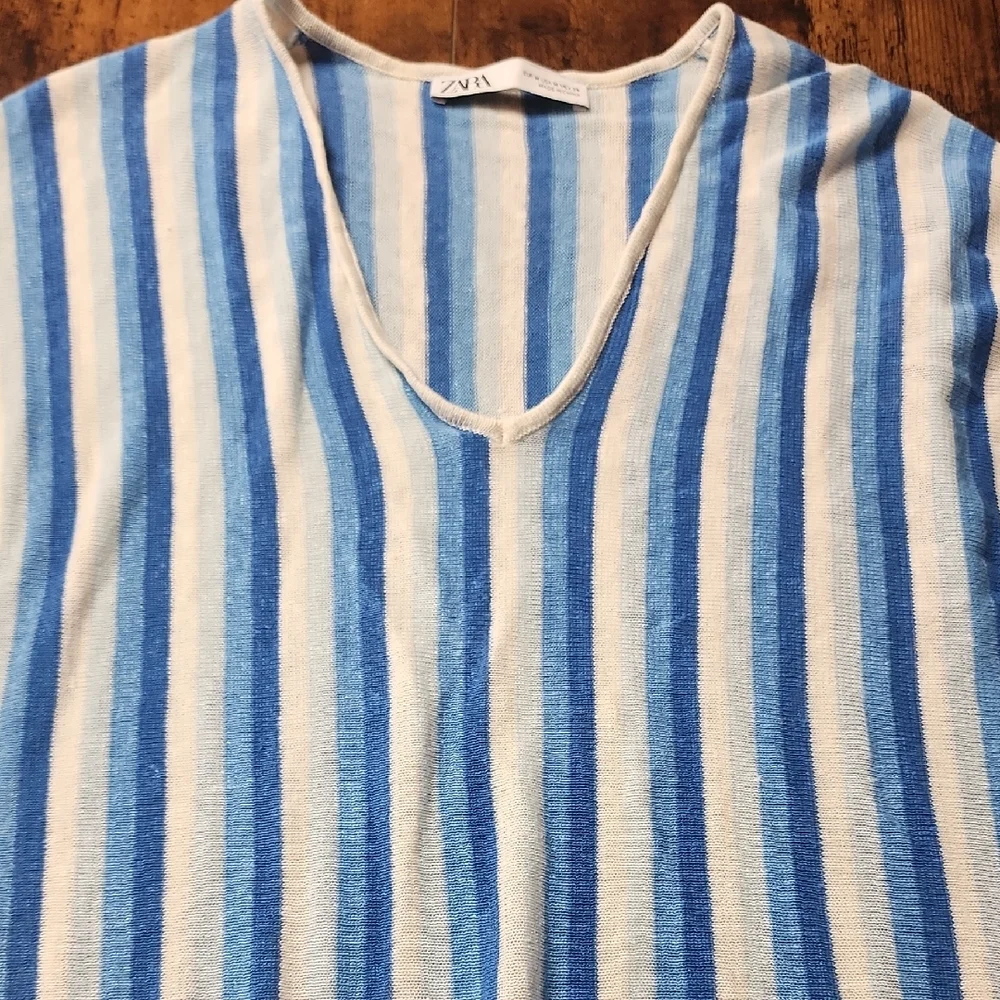 ZARA | Linen Knit Striped V-Neck Tunic Dress Swim Cover Up Blue Cream Beach | M